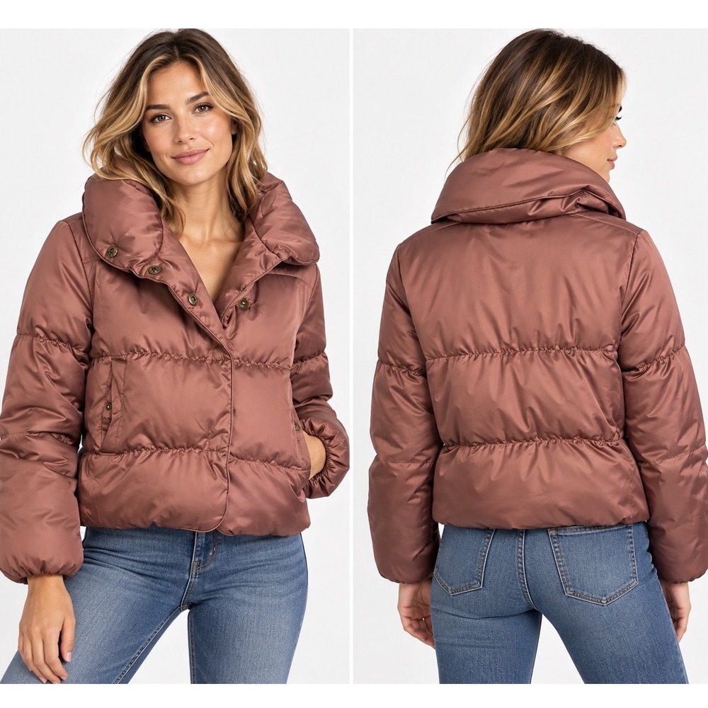 Theory Keilly Satin Down Puffer Jacket Spritzer Pink Metallic Bronze Womens S